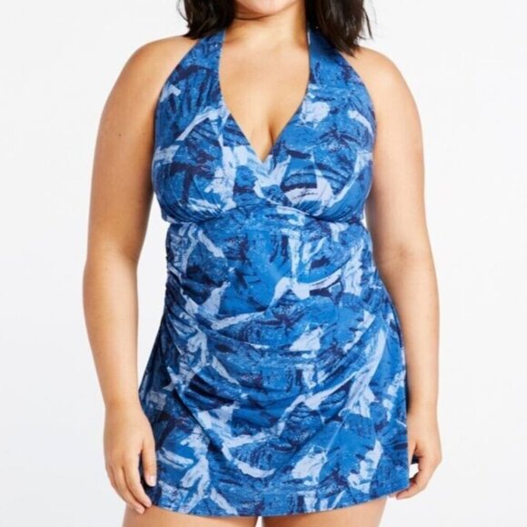 L.L. Bean Blue Halter Neck Shaping Clasp Closure One Piece Swimsuit w skirt 10R - Picture 1 of 4